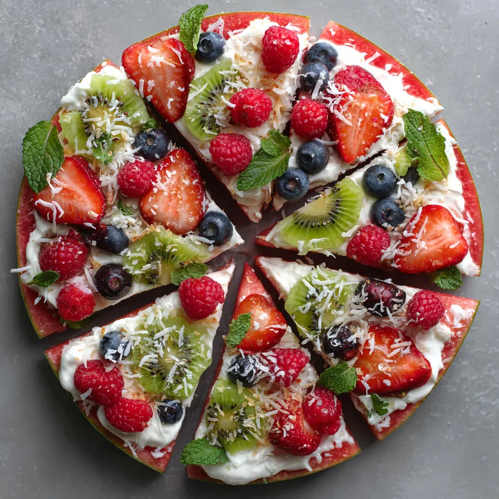 Une pizza colorée avec des fruits tels que des fraises, des kiwis, des baies, des raspberries et des blueberries.