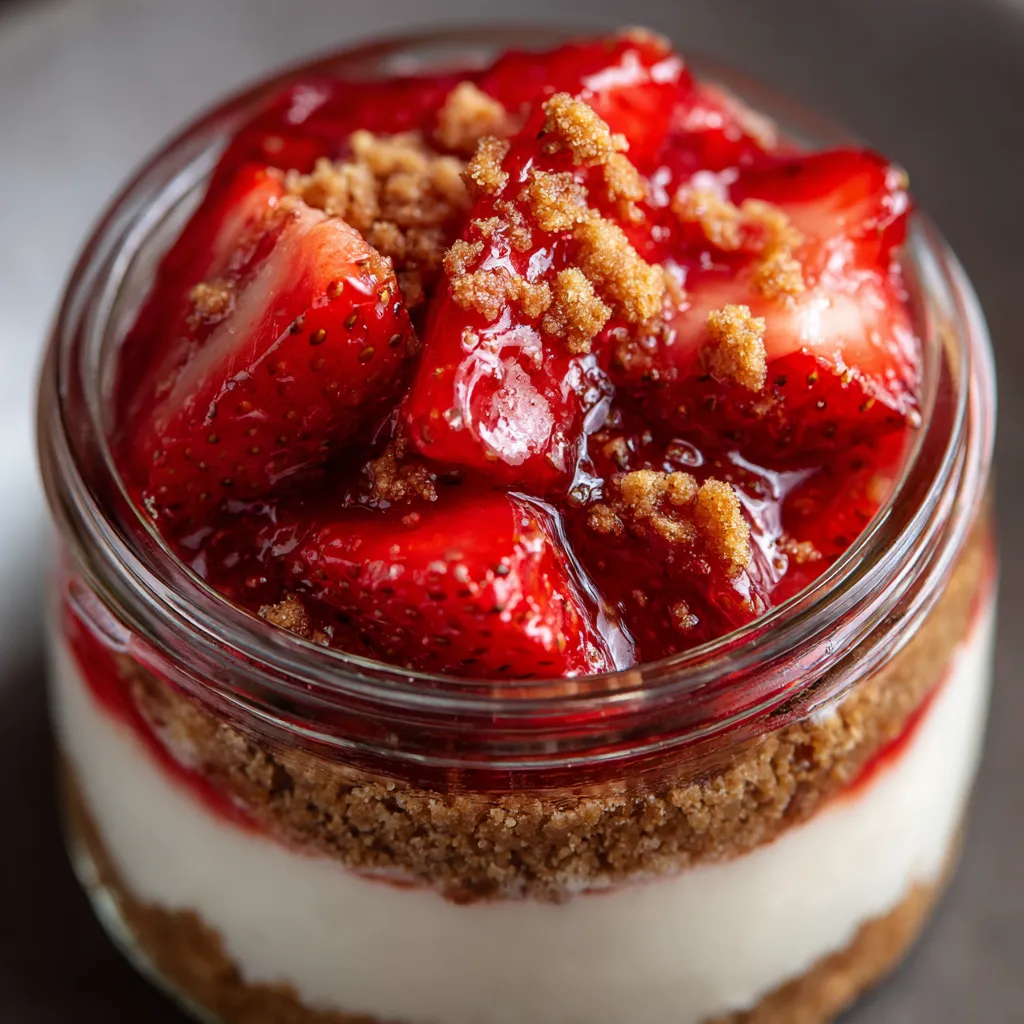 Une no-bake strawberry cheesecake dans un verre.