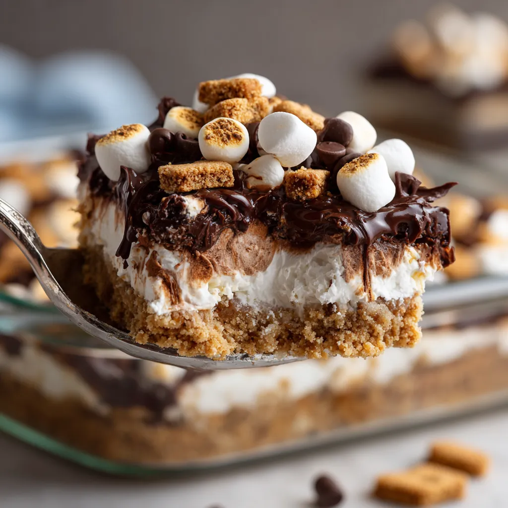 Une barre de s'mores sans cuisson, avec des marshmallows, des noix, du chocolat et des crêpes.