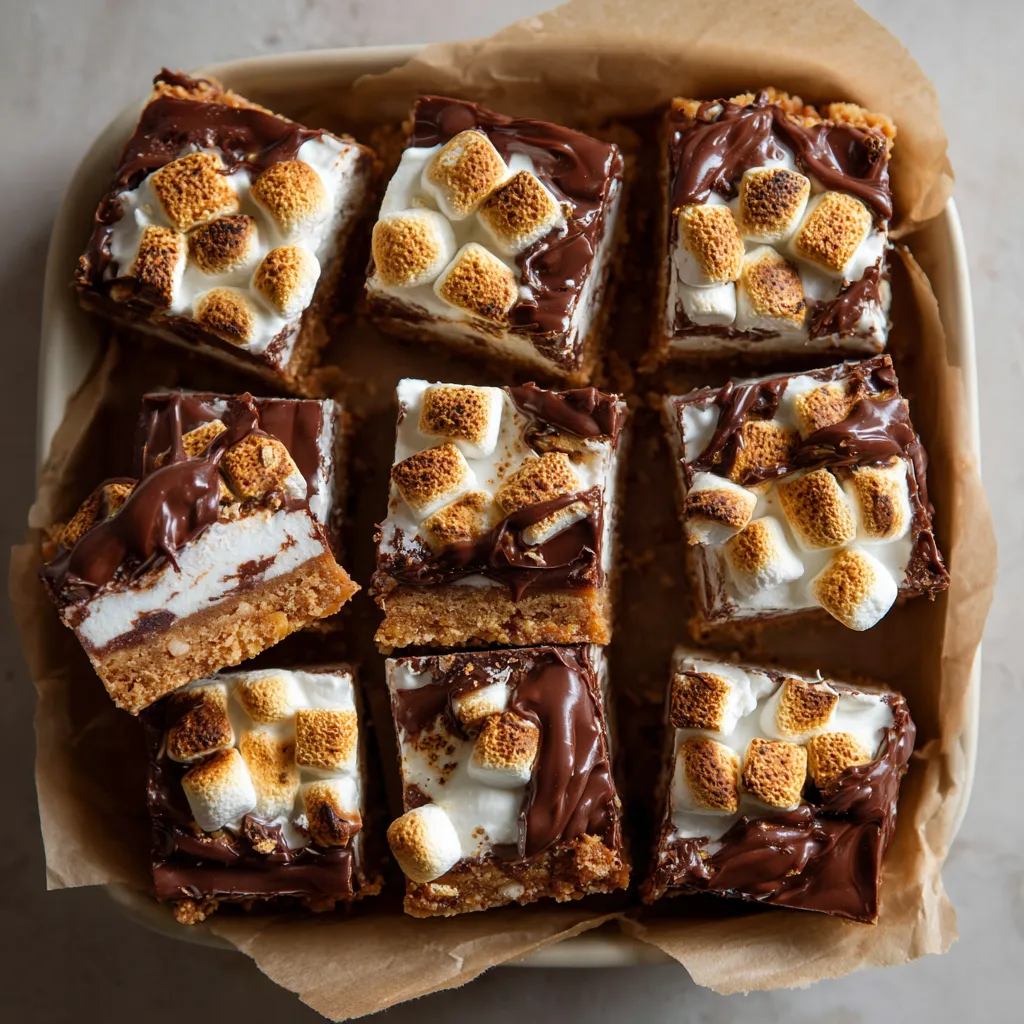 Une plaque de desserts contenant des barres de chocolat et des marshmallows.