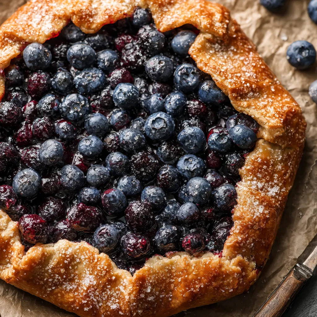 Une galette aux myrtilles, avec des myrtilles bleues et rouges, sur un fond de pâte brune.