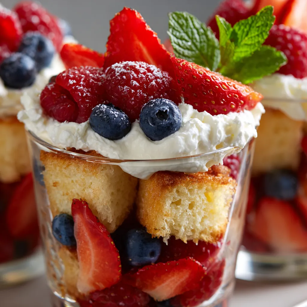 Des berry trifle cups avec des morceaux de fruits et des croutons de pâte.