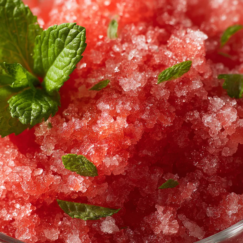Une tasse de granita de melon avec des feuilles de menthe.