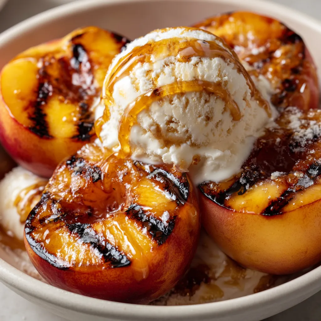 Une assiette de grilled peaches avec de la crème glacée au miel et à la vanille.