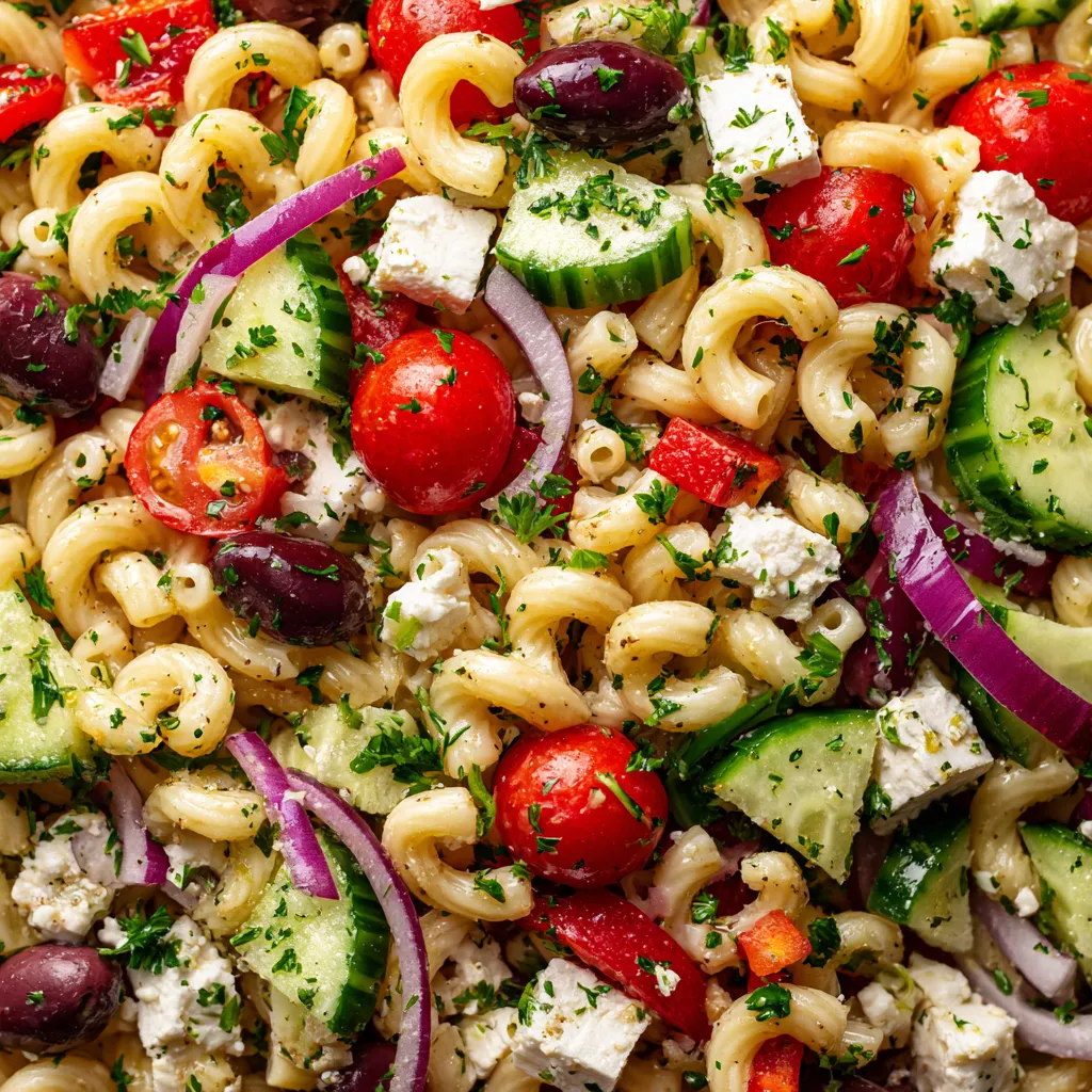 Une salade de pasta grecque avec des tomates, des cucumbers, des olives, des épinards et des herbes.