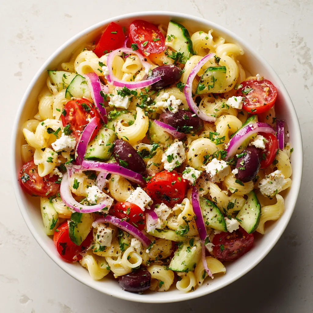 Une assiette de macaroni salade avec des tomates, des cucumbers, des olives et du fromage.