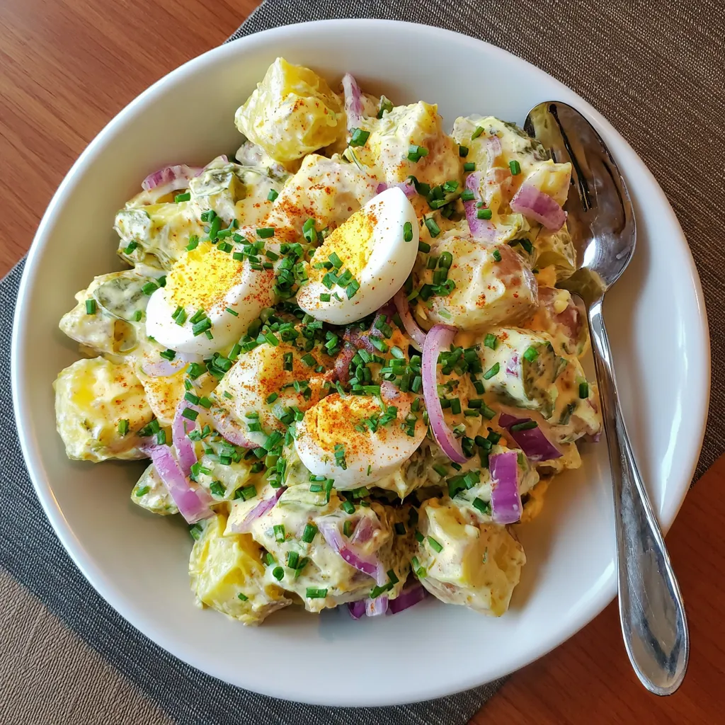Une assiette de potatoes saladas avec des oeufs et des herbes.