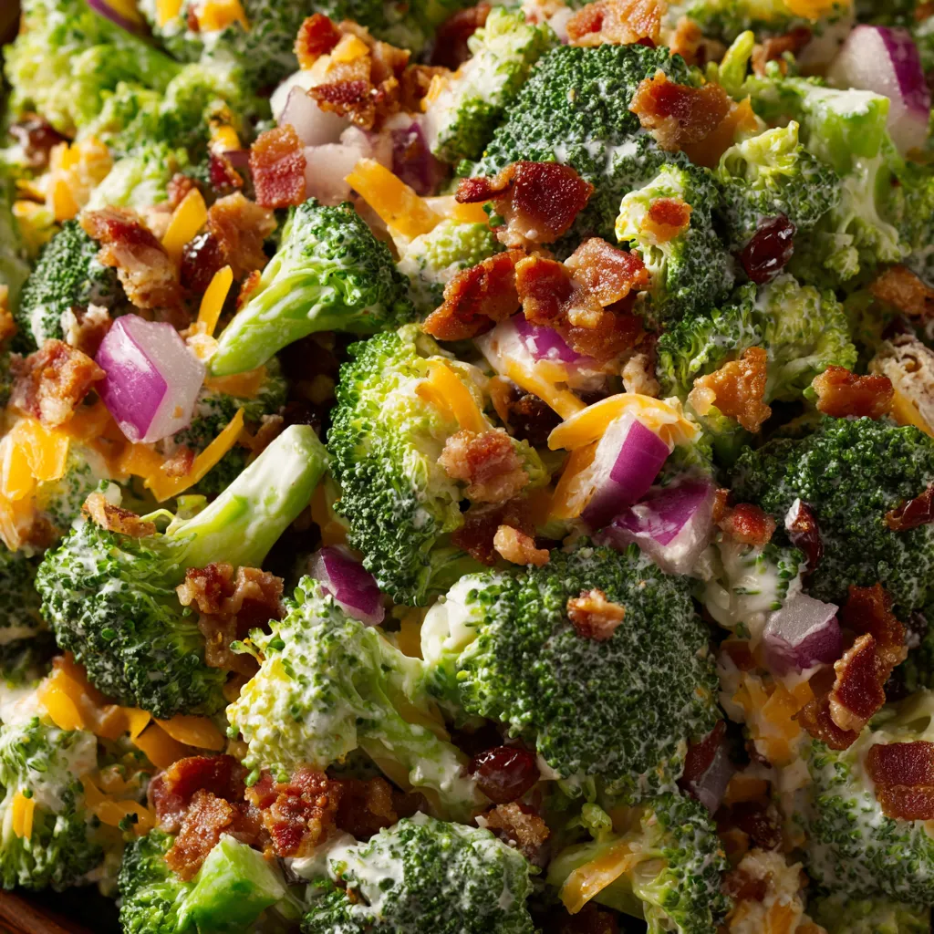 Une salade de brocoli Amish avec des bacon et des onions.