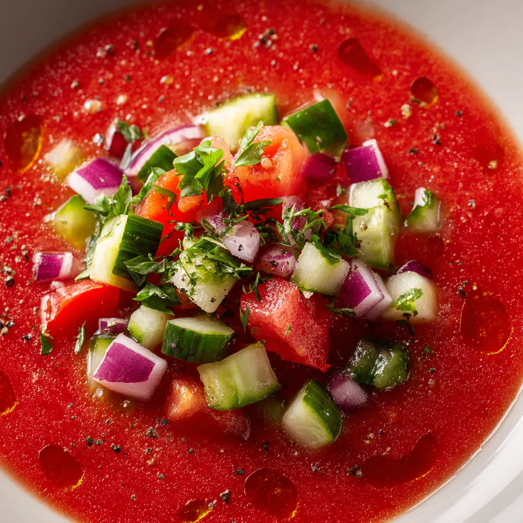 Une soupe rouge avec des légumes tels que des tomates, des cucumbers et des épinards.