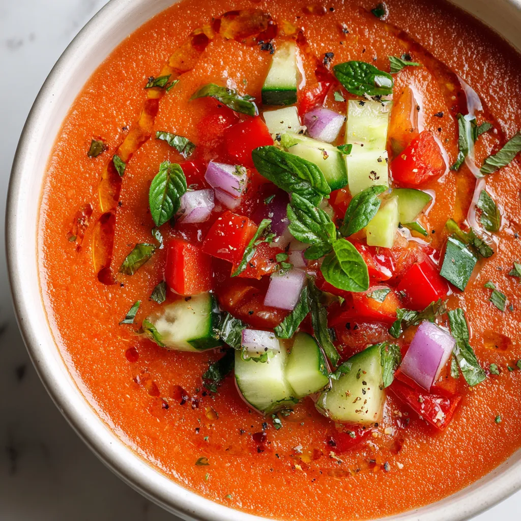 Une soupe rouge avec des légumes verts et des tomates.