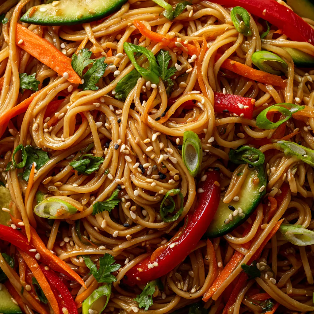 Une salade de noodles froids avec des légumes tels que des carottes, des poivrons et des cucumbers.