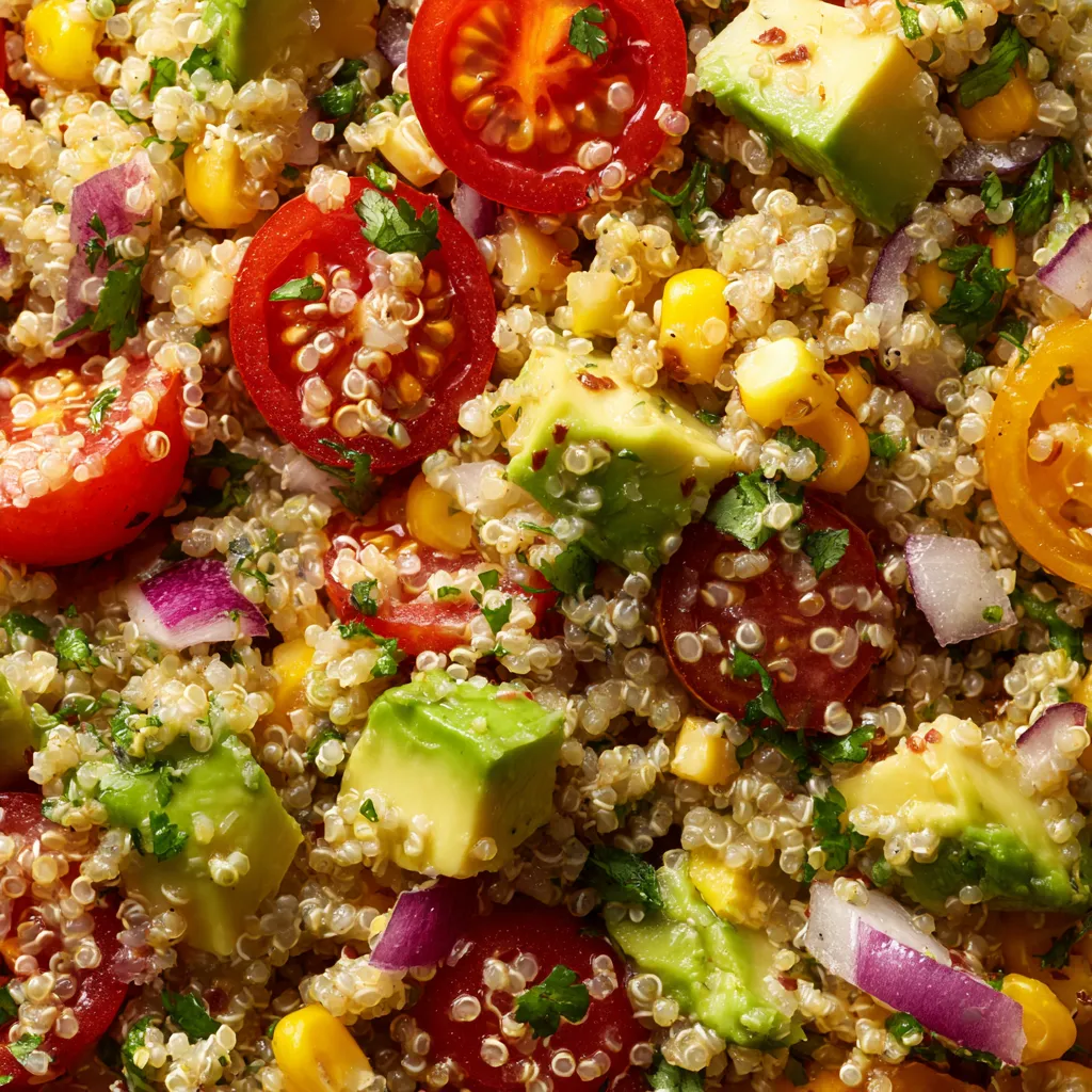 Une salade de quinoa avec des tomates, des avocats et des cornichons.