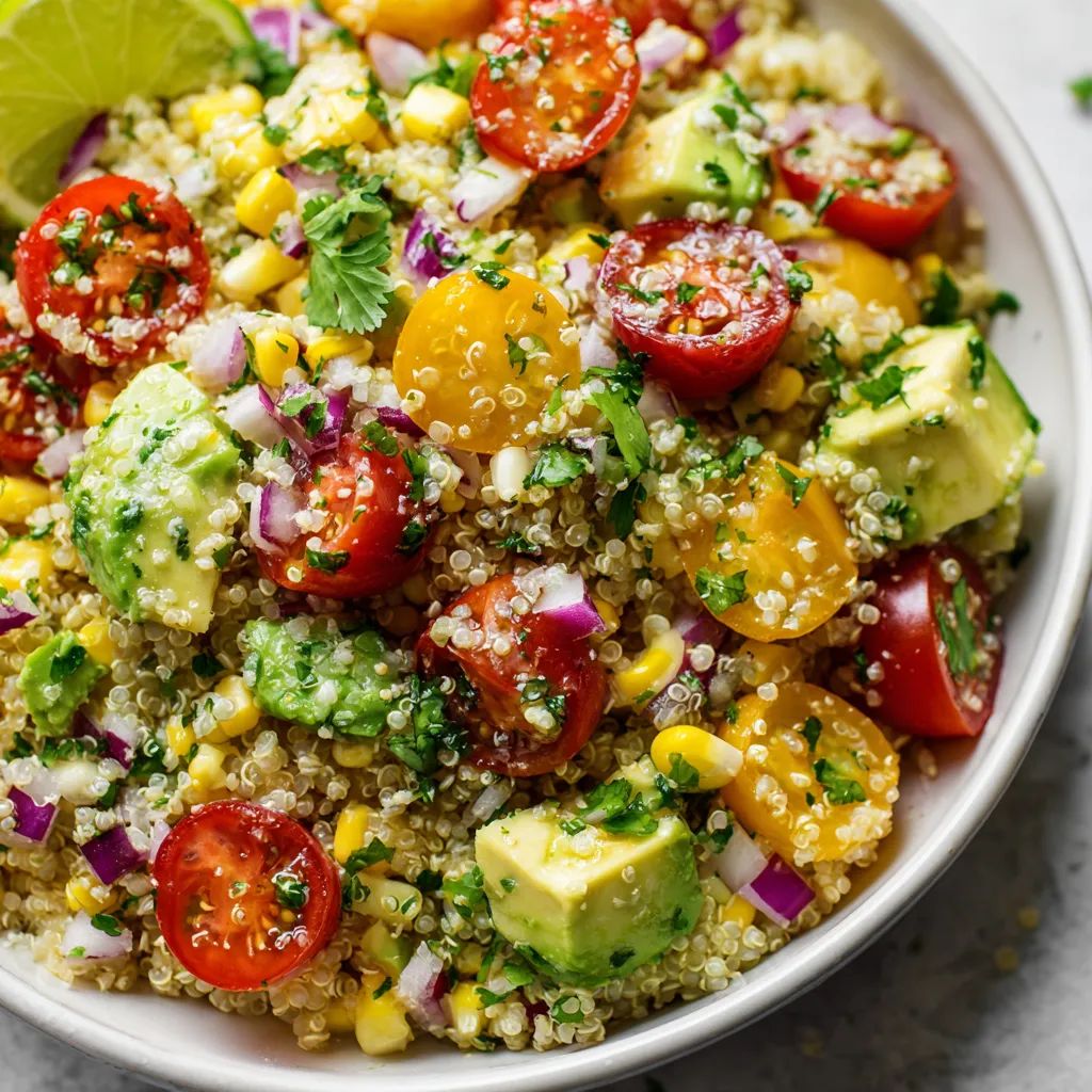 Un plat de salade contenant des tomates, des avocats, des limes, des cornichons et du quinoa.