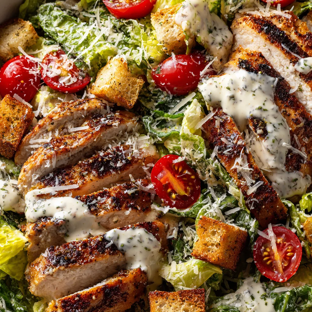 Une salade de Caesar avec des légumes grillés et des tranches de poulet grillé.