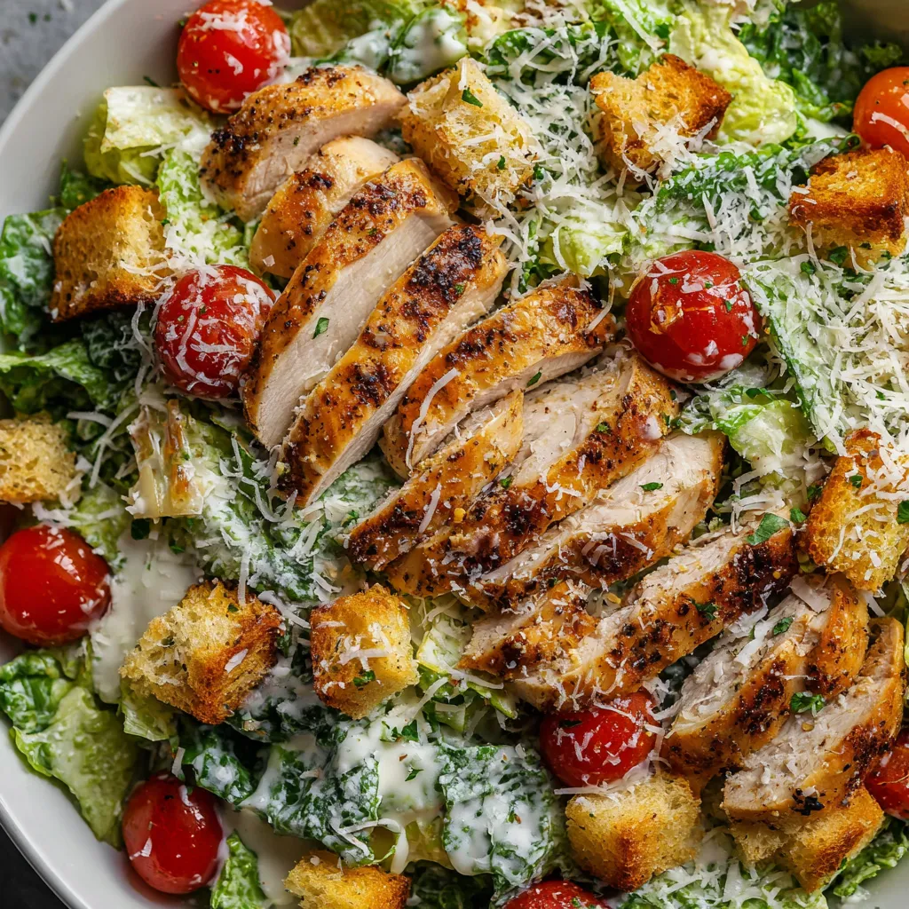 Une salade de poulet avec des légumes et du fromage.