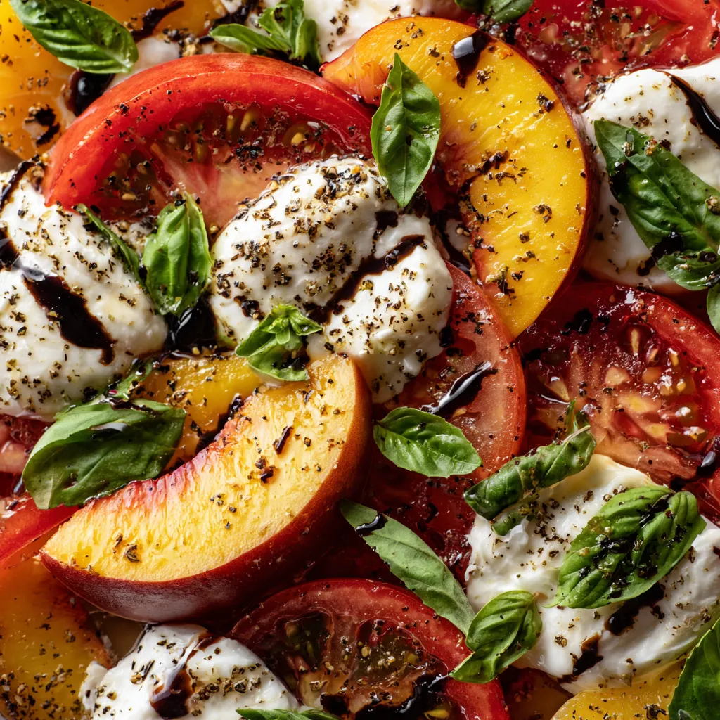 Une salade de tomate, de poire et de burrata.