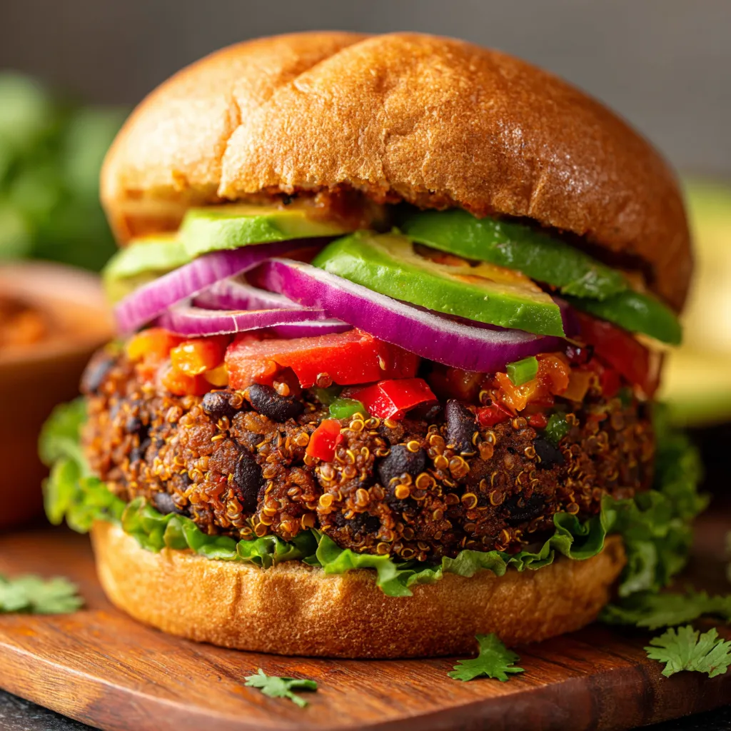 Une burger de fruits de mer avec des tomates, des avocats, des poivrons, des oignons et des épinards.