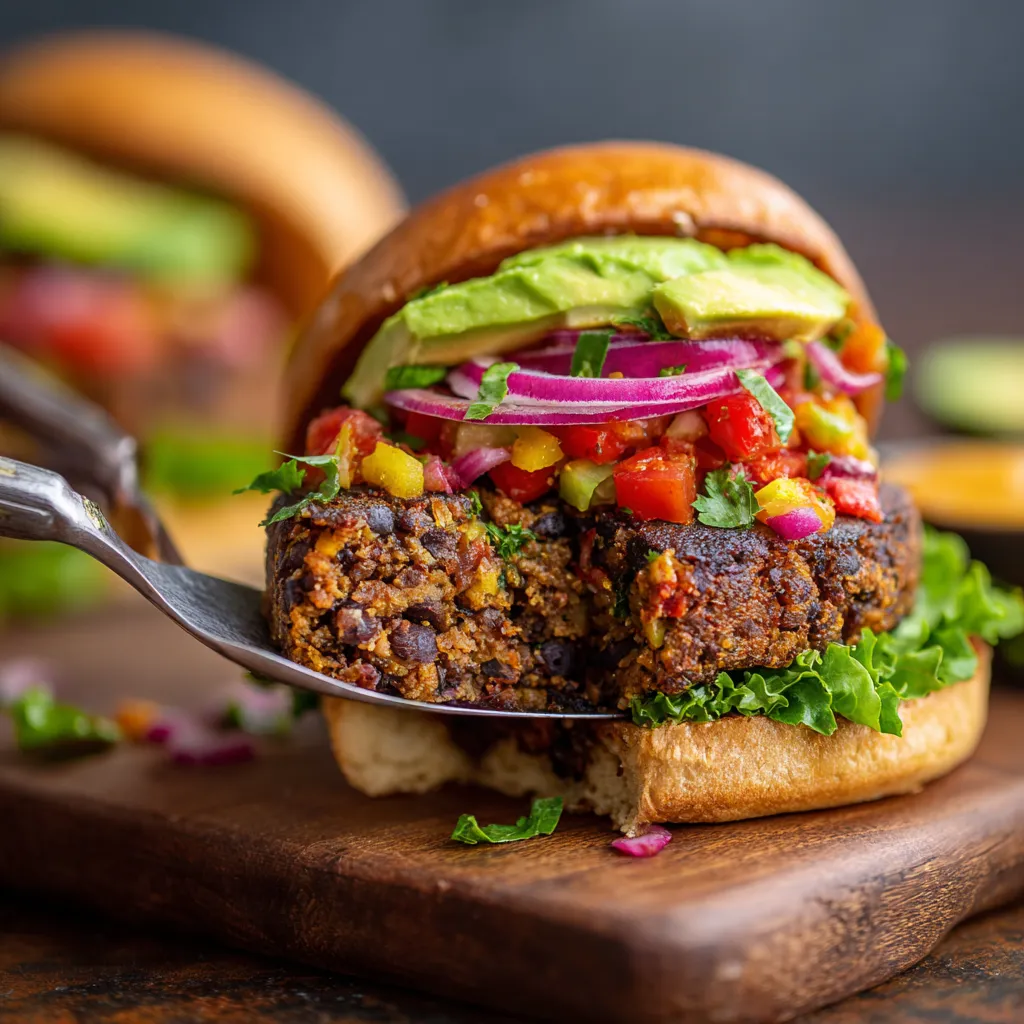 Une sandwich de hamburger avec des légumes et des avocats.