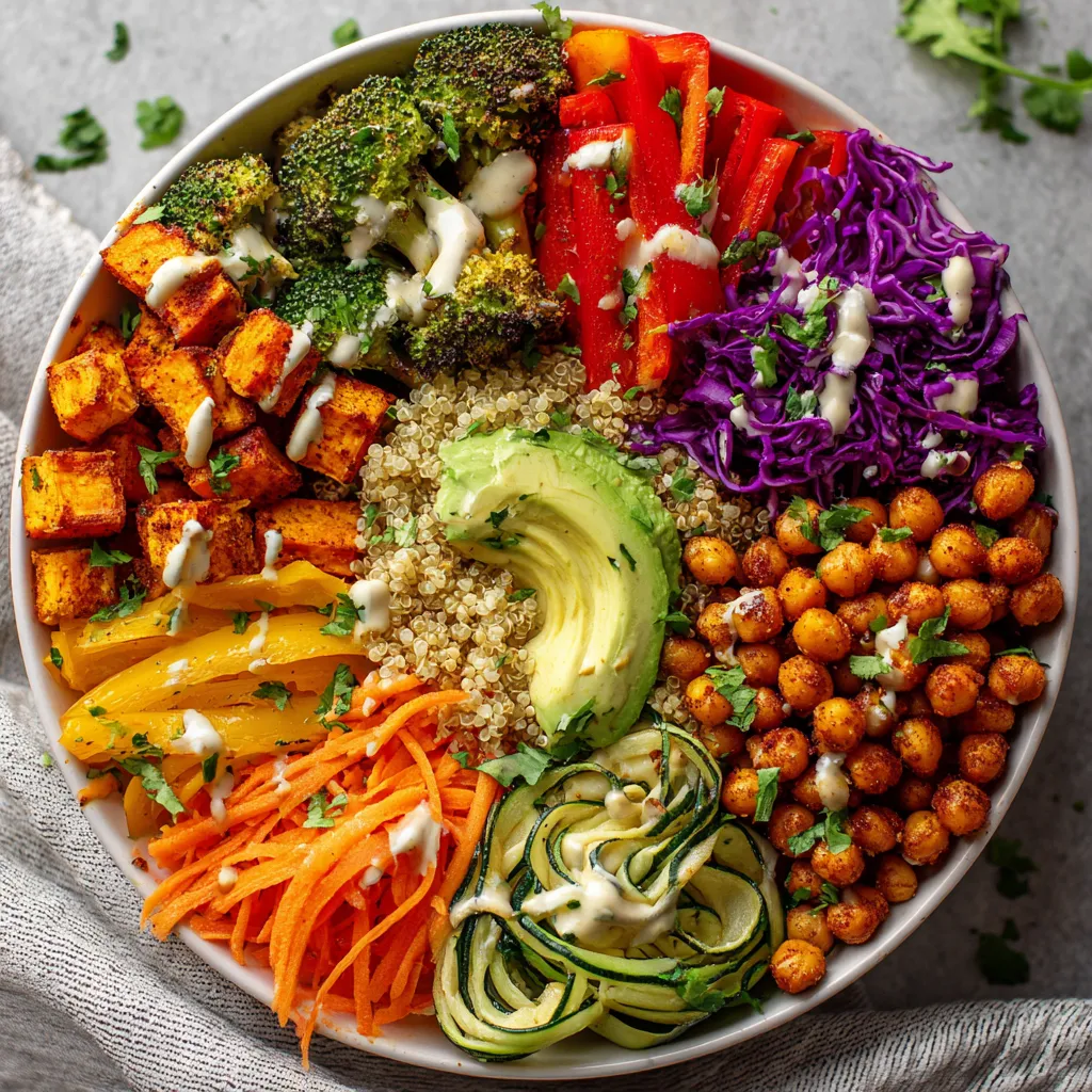 Un plat de salade colorée avec des légumes tels que des carottes, des avocats.