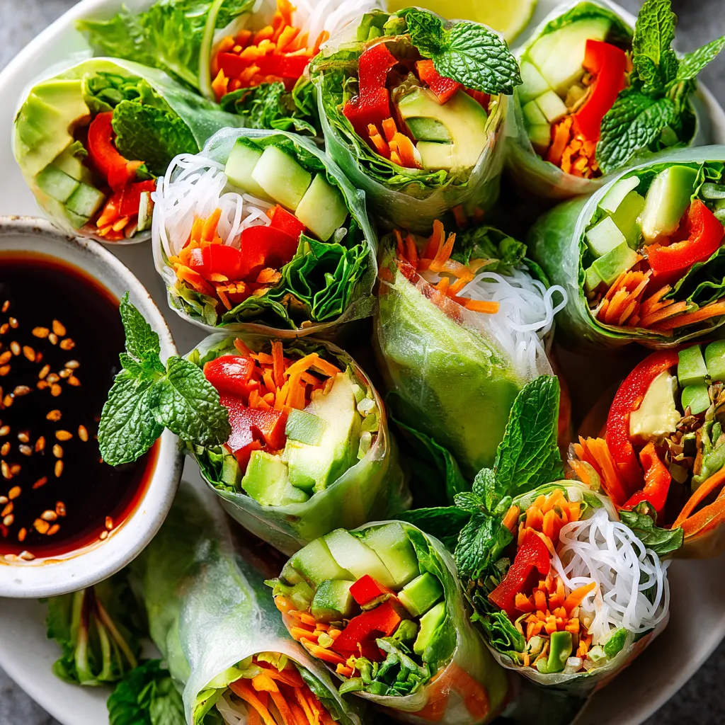 Une assiette de spring rolls colorés, remplis de légumes et de sauce.