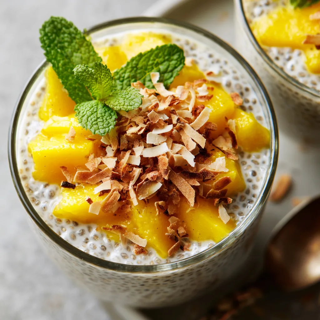 Un bol de coconut mango chia pudding avec des morceaux de mangue et des noix de coco.