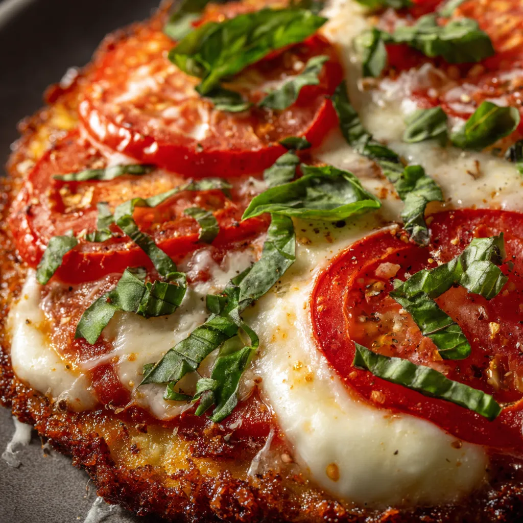 Une pizza grillée avec des tomates, des basilic et du fromage.