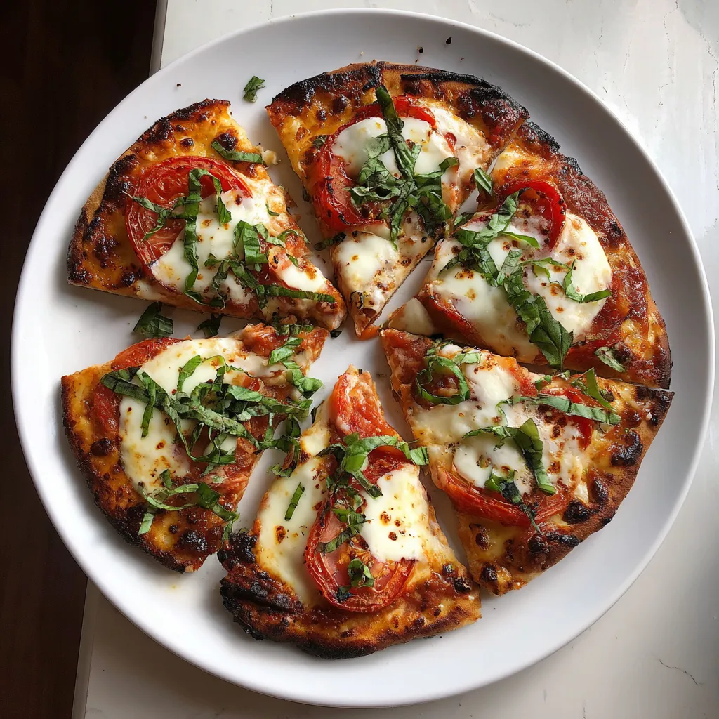 Une pizza de tomates et de basilic sur un plateau.