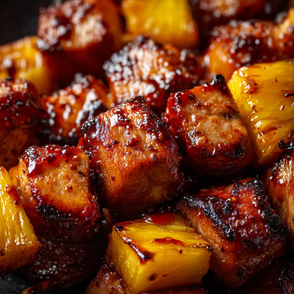 Des cubes de porc grillés avec une sauce de miel épicée et de pineapple grillé.