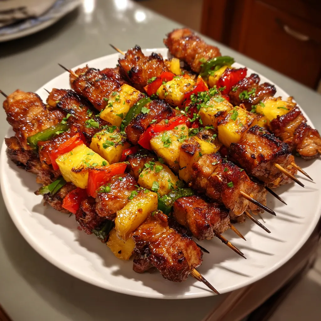 Une plaque de porcelaine avec des brochettes de viande grillée et des légumes.