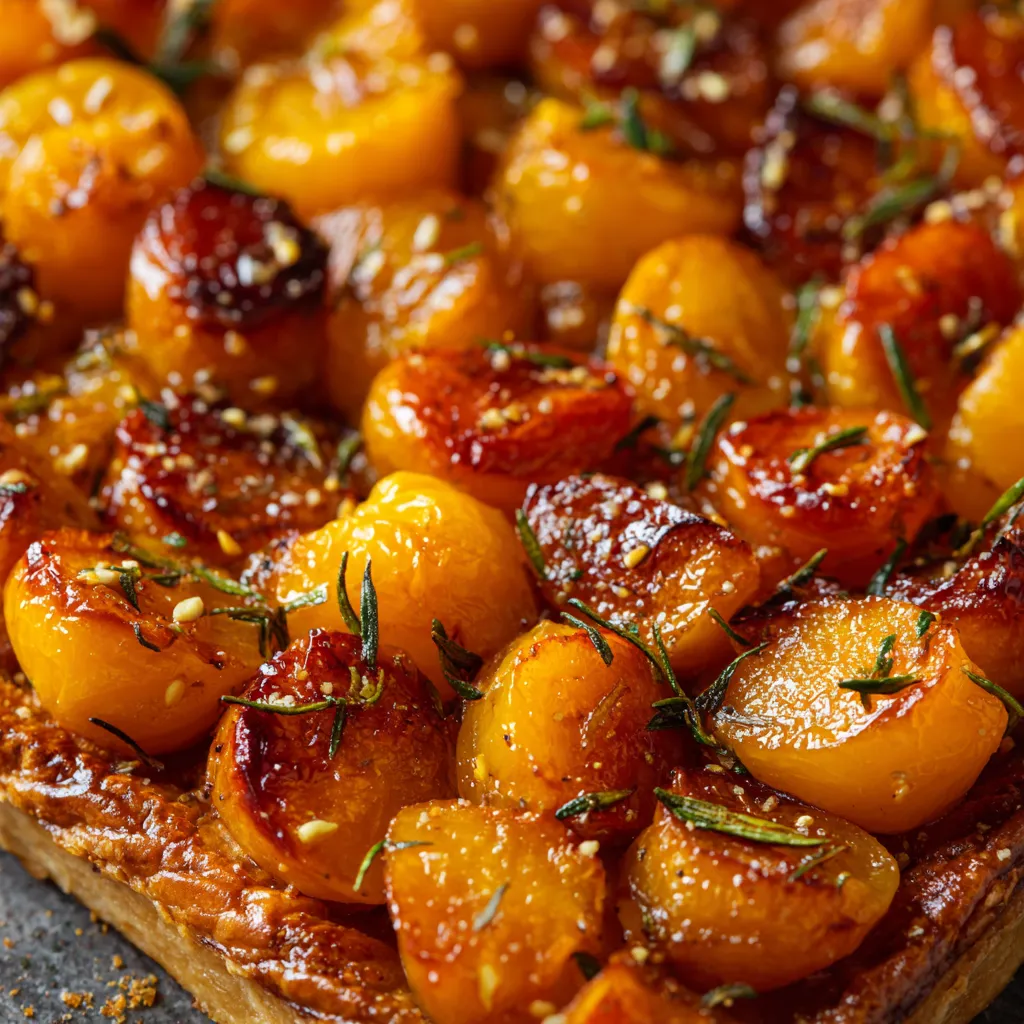 Une tarte aux mirabelles grillées avec du miel épicé et de la romarin.