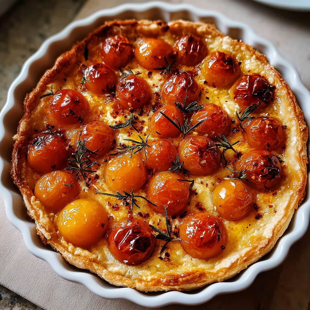 Une tarte aux fruits et au fromage, avec des tomates et des épinards, est servie dans un bol ovale.