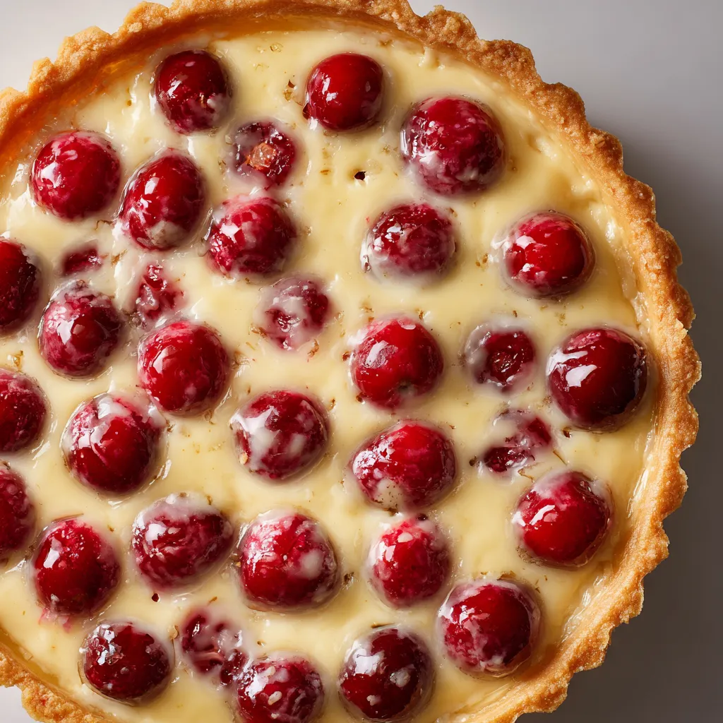 Une tarte aux cerises est servie sur une table.