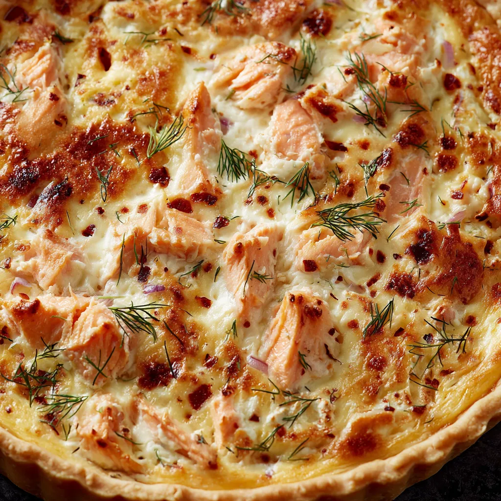 Une quiche salmon et boursin, avec des herbes et des légumes, est servie sur une assiette.