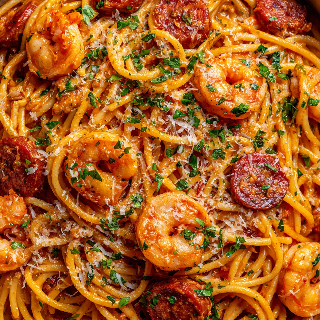 Une image de spaghetti avec une sauce de poivrons, des chorizos et des langoustines.