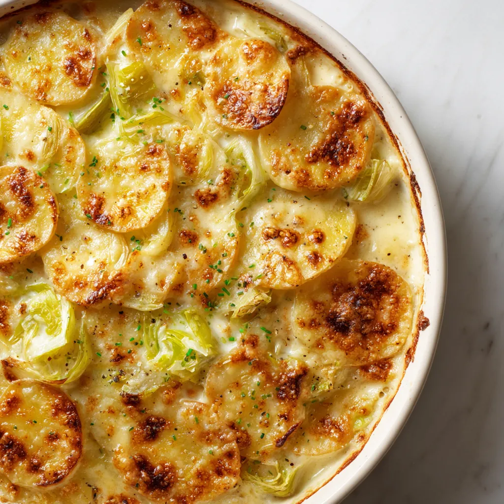 Une casserole de pommes de terre et de légumes, avec des pommes de terre et des légumes verts.
