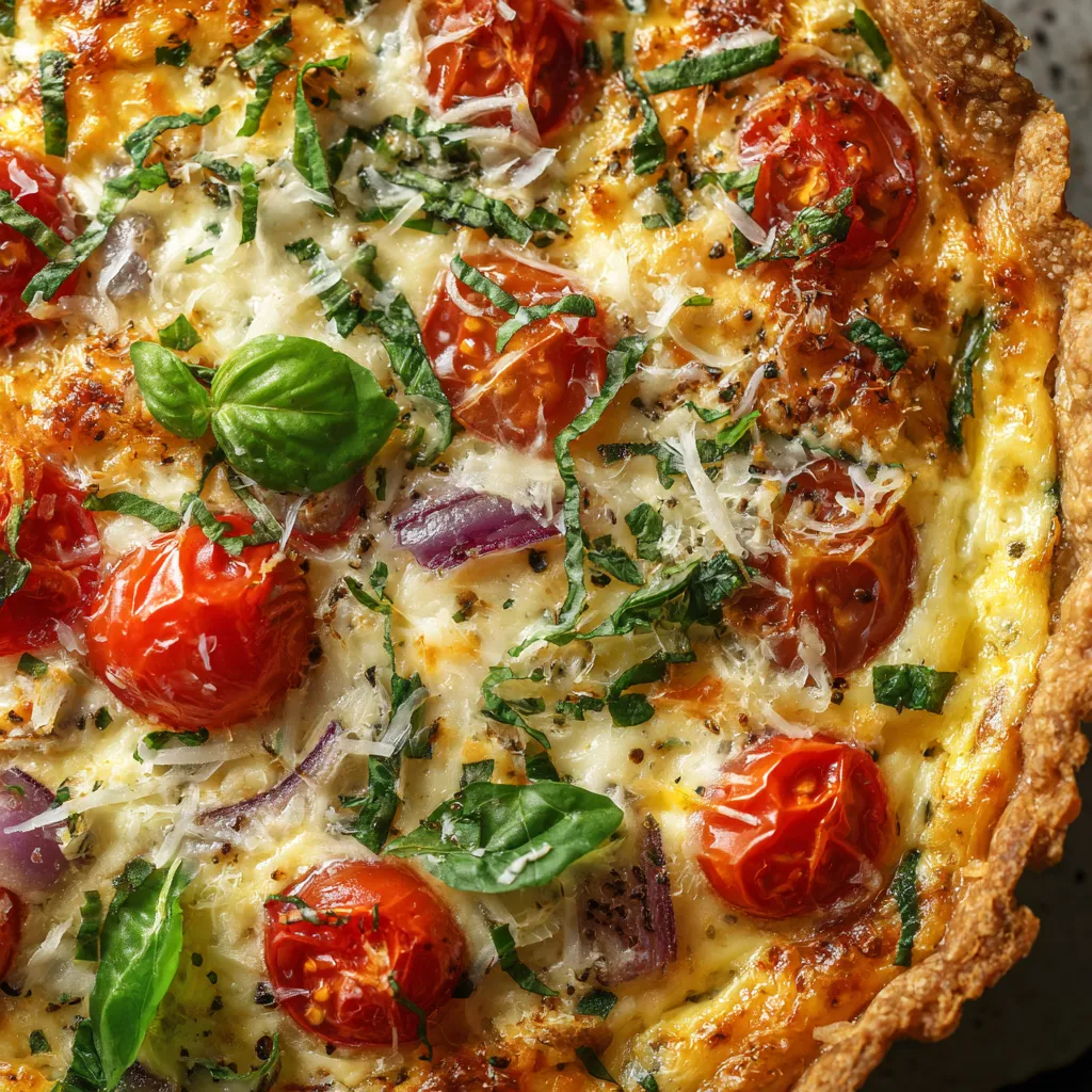 Une quiche Lorraine végétarienne avec des tomates cerises et du basilic frais.