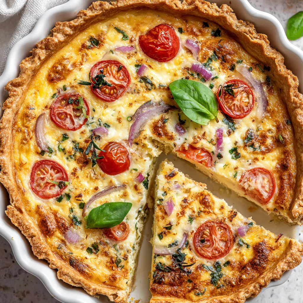 Une tarte aux tomates et aux herbes, avec des tomates et des herbes sur le dessus.