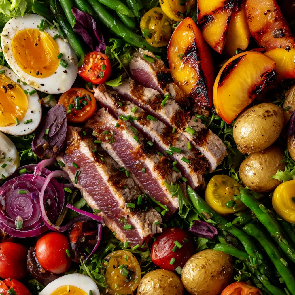 Une salade Niçoise gourmet avec des grillés de pêches et une vinaigrette au miel.