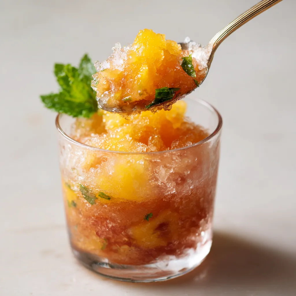 Une petite cuillère en argent est utilisée pour prendre une portion de granita de peach et de verbena.
