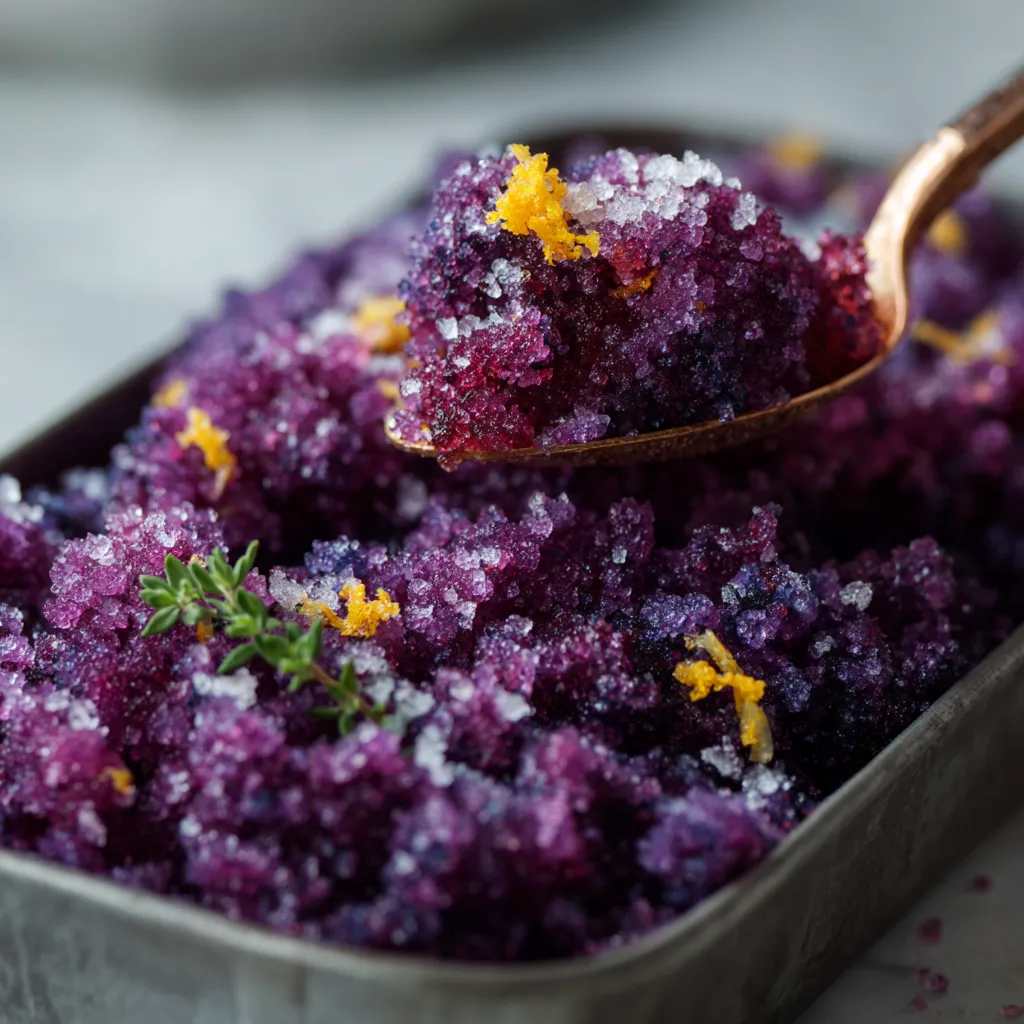 Une tasse de granita de framboise et citron avec des herbes fraîches.
