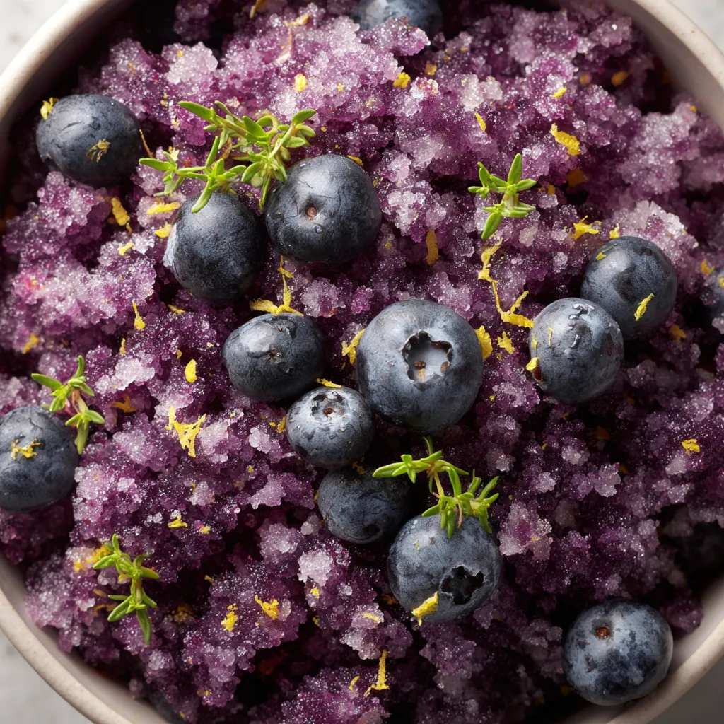 Un plat contenant des baies et des herbes, avec des cristaux de glace.