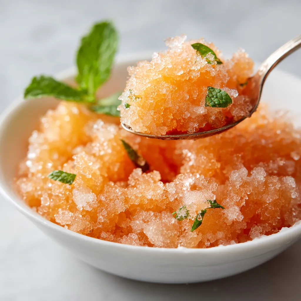 Une petite portion de granita de melon avec des herbes fraîches.