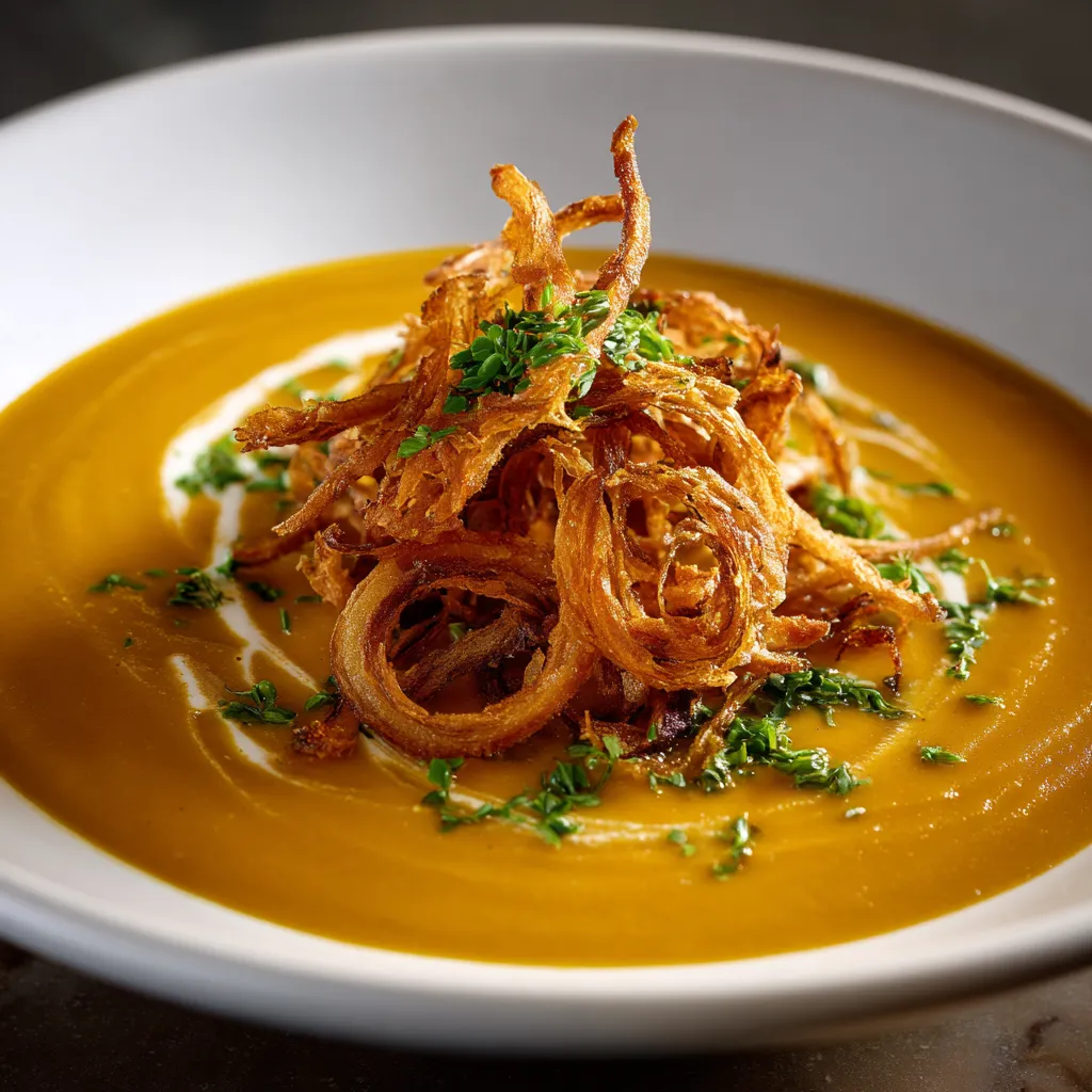 Une assiette de soupes de butternut et châtaignes, avec des chips de poireau sur le dessus.