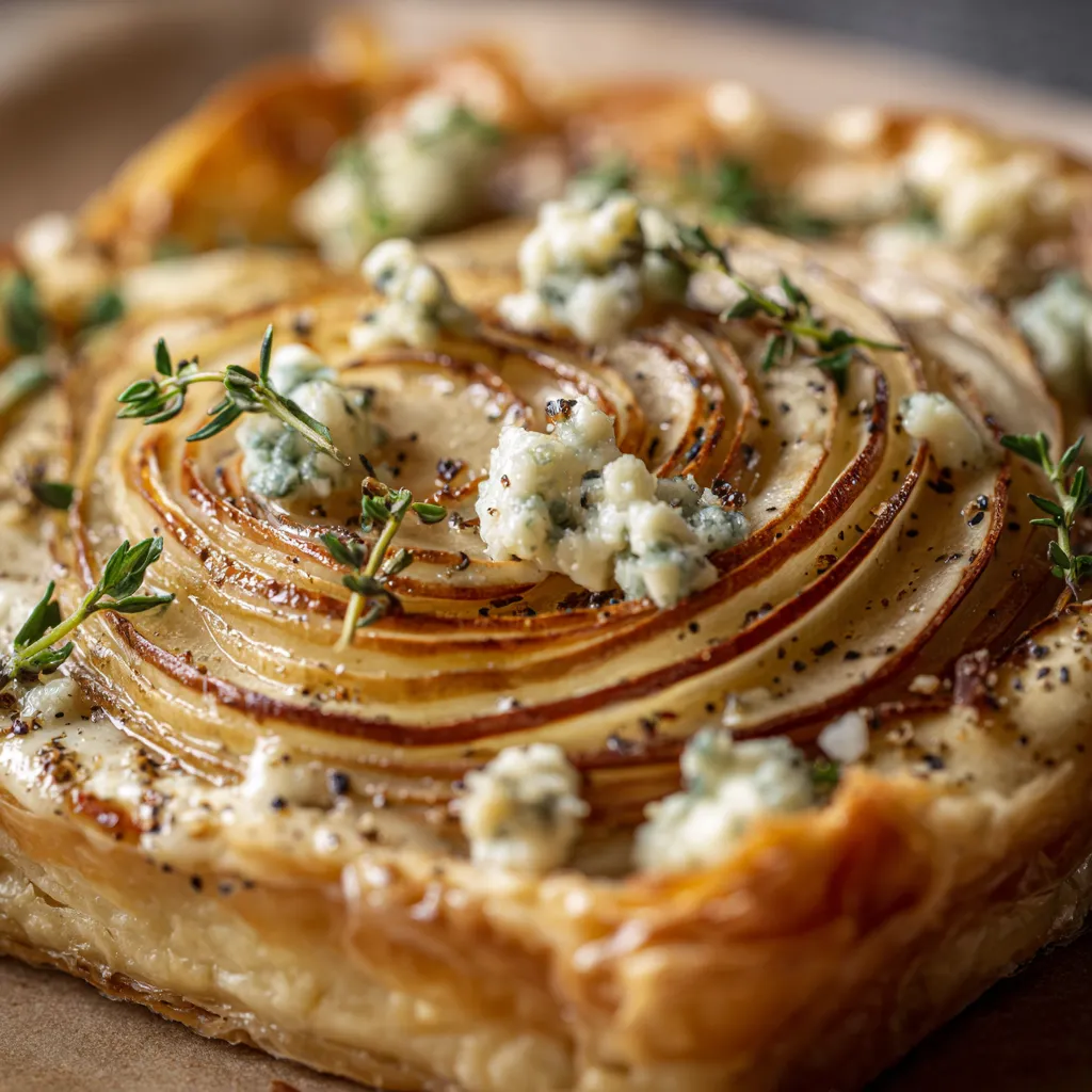 Une tarte fine au céleri-rave, pomme et roquefort.