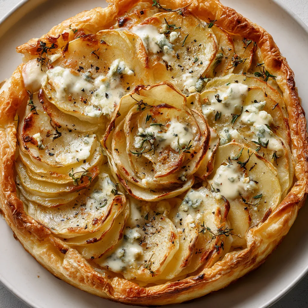 Une tarte aux pommes est servie sur un plateau.