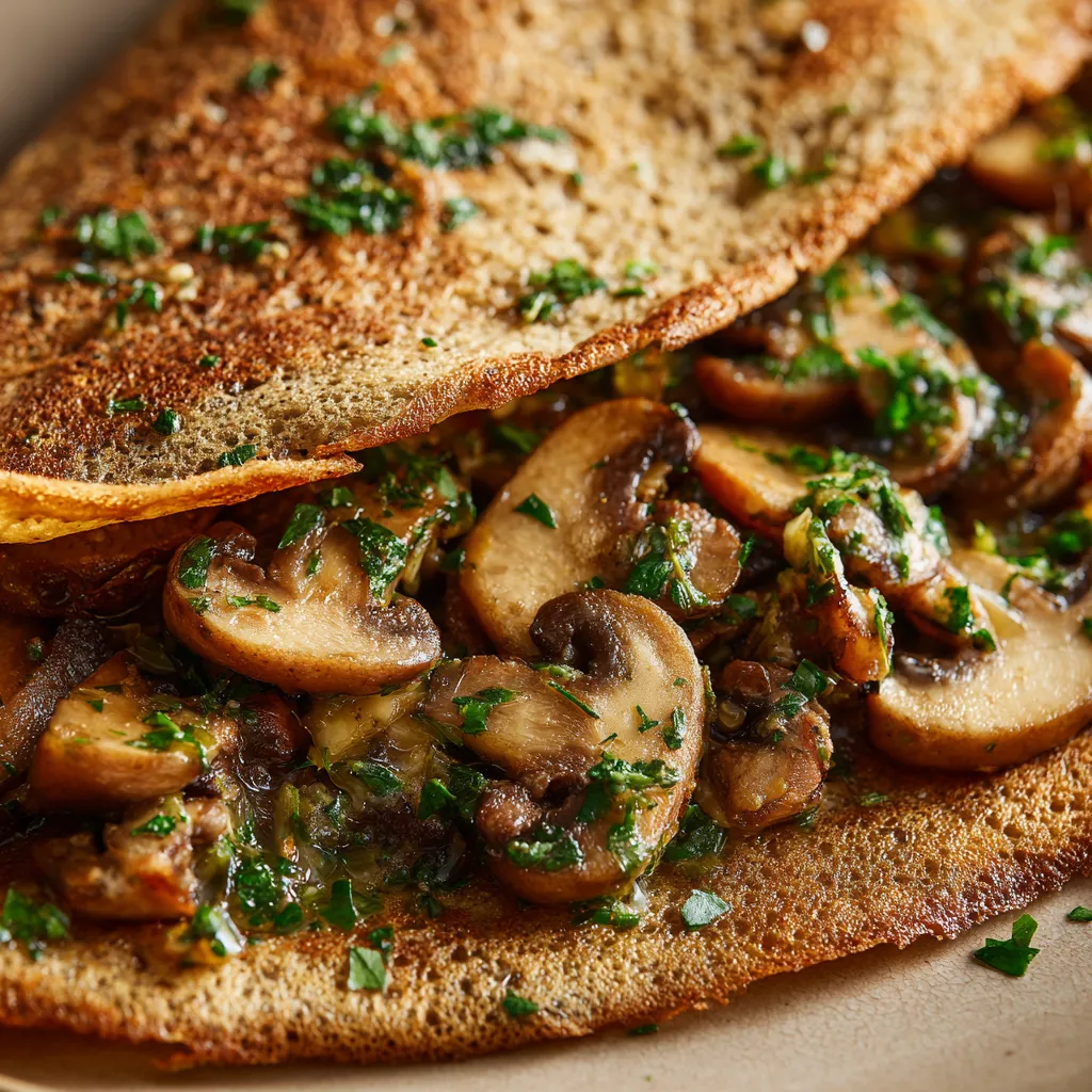 Une galette de sarrasin revisitée aux champignons sauvages et persillade.
