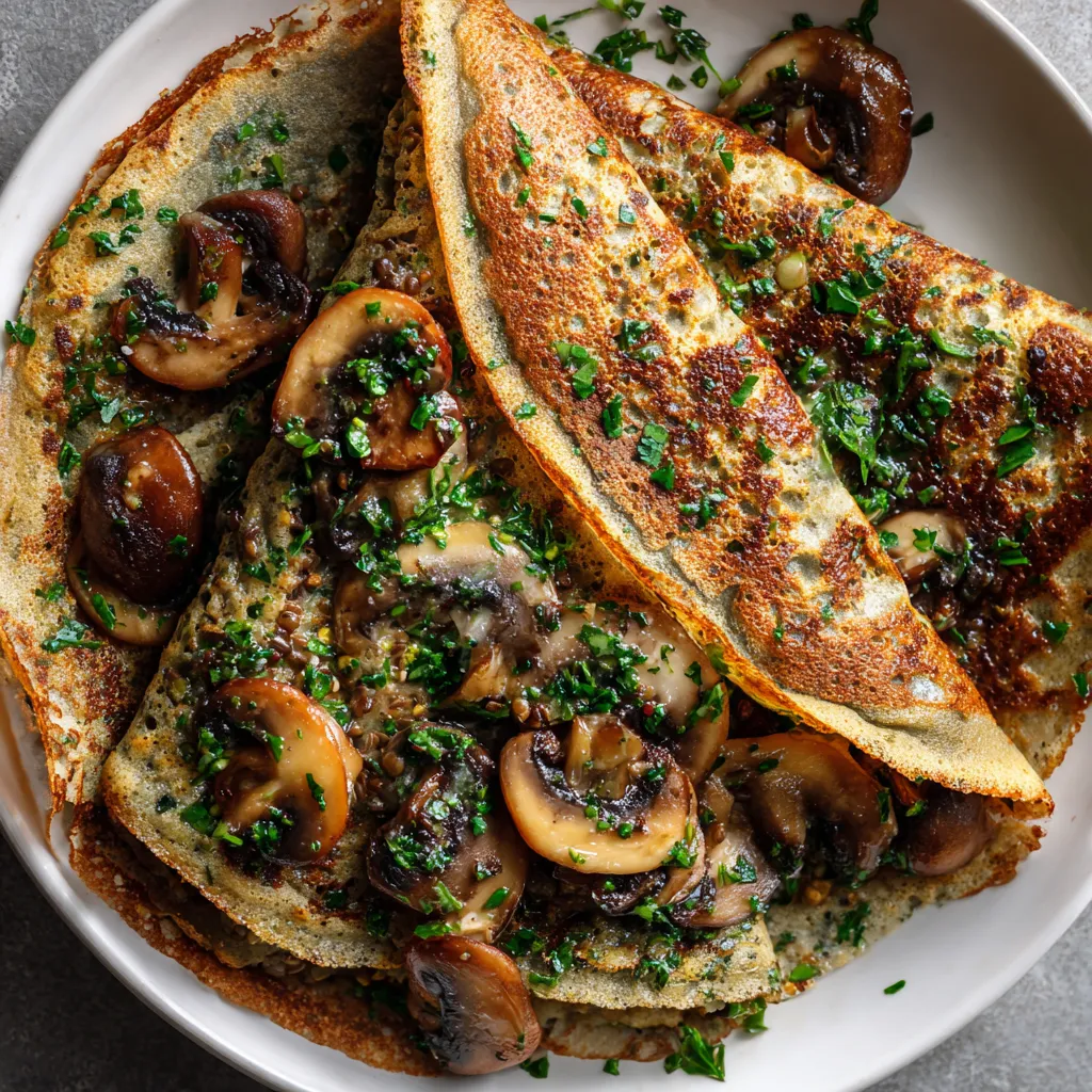 Une assiette de galette avec des champignons et des herbes.