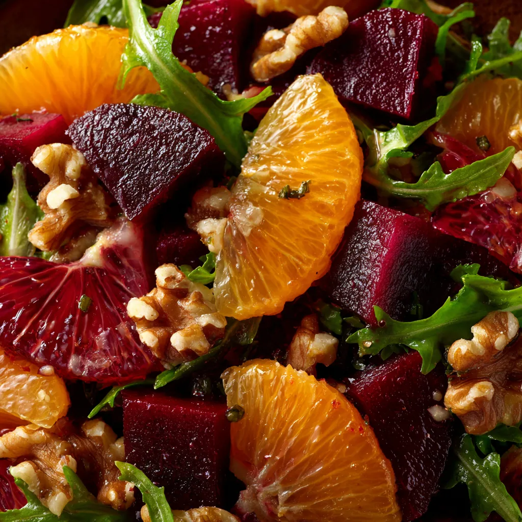 Une salade tiède de betteraves rôties, oranges sanguines et noix.