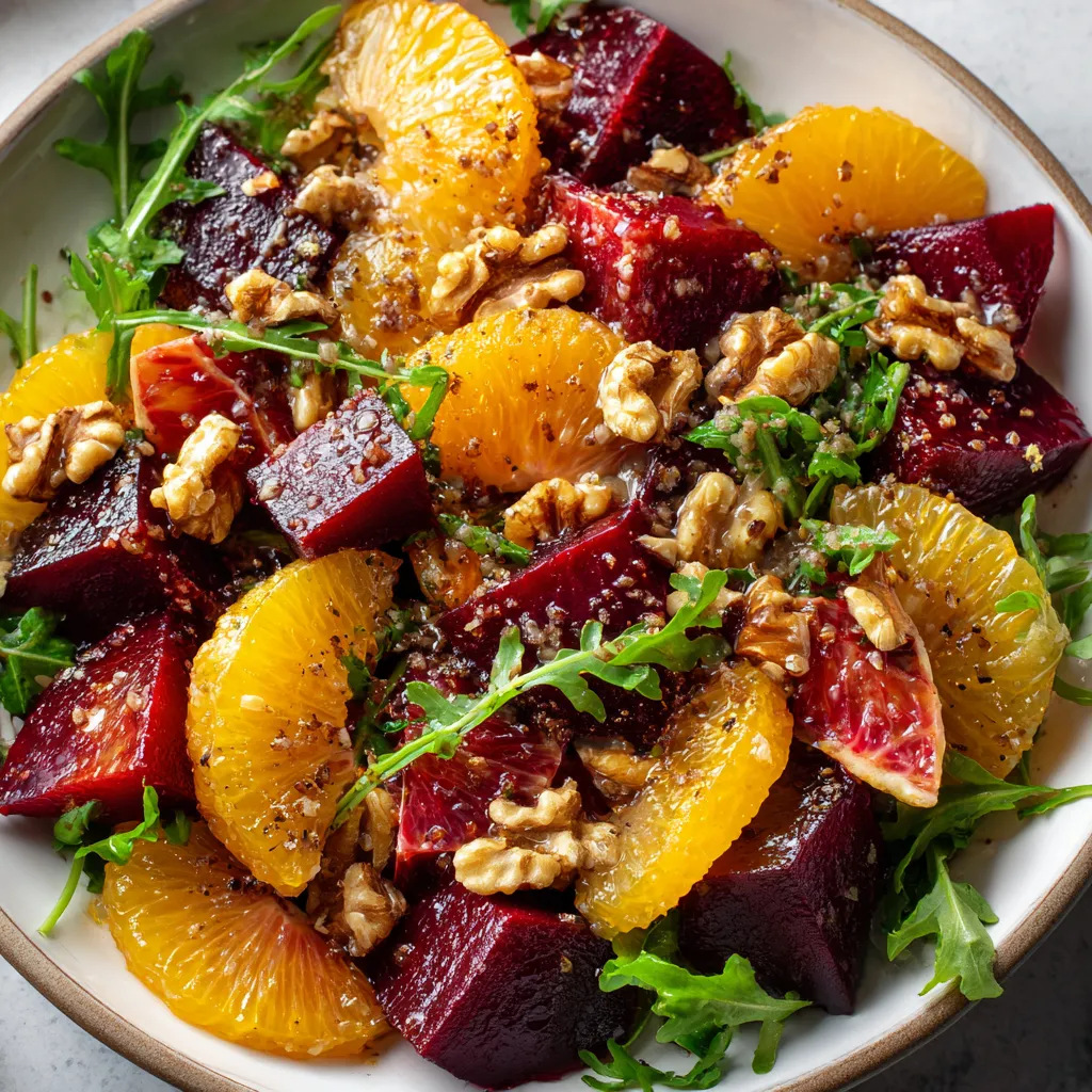Une salade de fruits et légumes, avec des oranges, des raisins, des noix et des épinards.