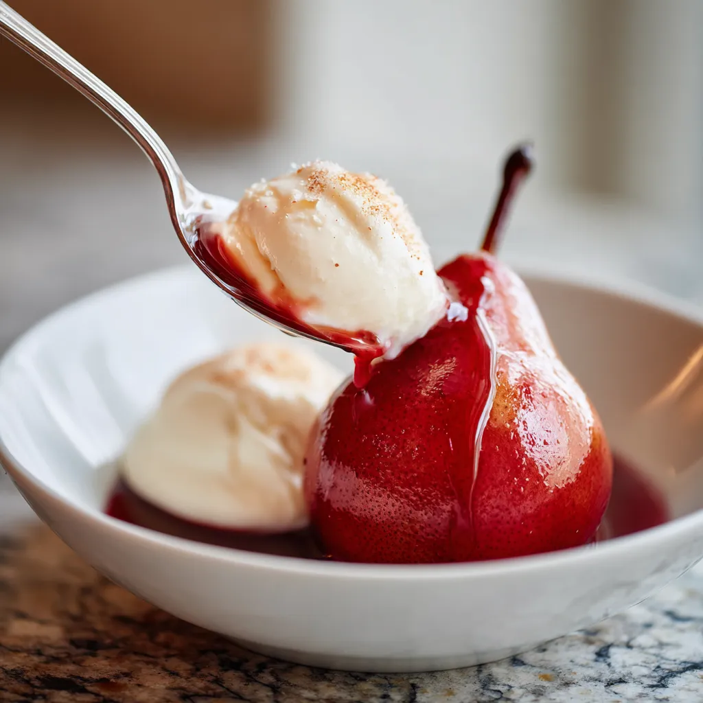 Une poire pochée au vin épicé et espuma vanille légère.
